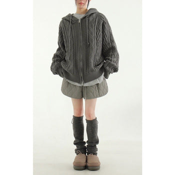 正韓寬鬆麻花暖手連帽針織外套