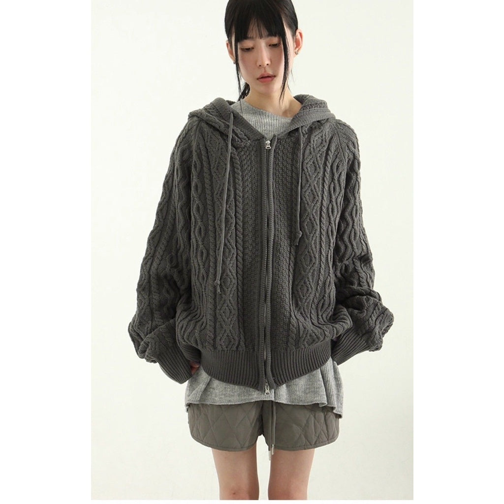 正韓寬鬆麻花暖手連帽針織外套