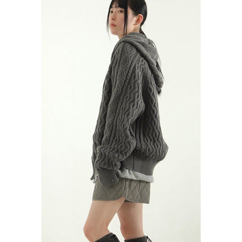 正韓寬鬆麻花暖手連帽針織外套