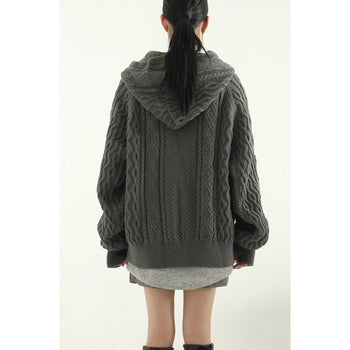 正韓寬鬆麻花暖手連帽針織外套