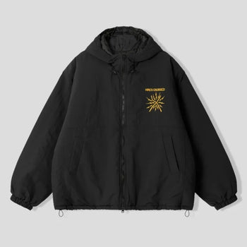 正韓質感鋪棉厚實刺繡連帽雙拉鍊寬鬆外套