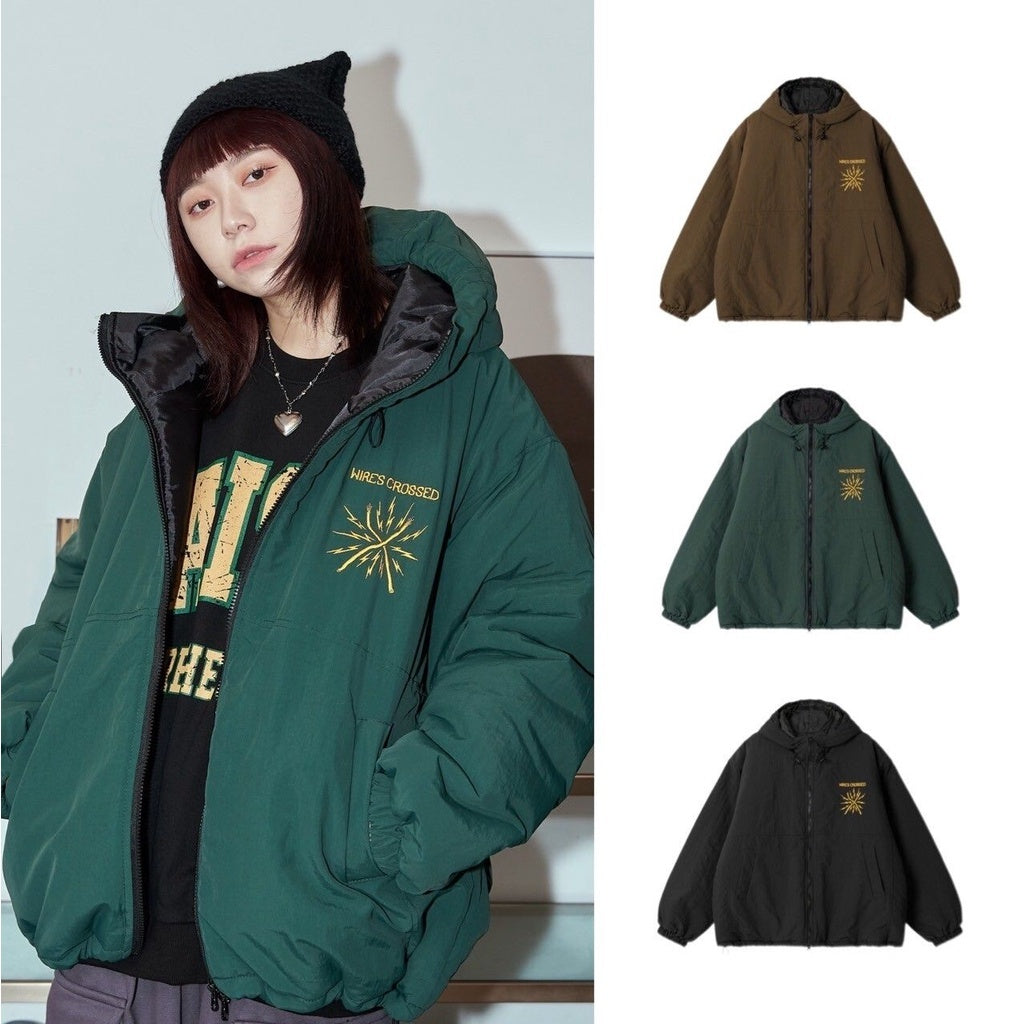 正韓質感鋪棉厚實刺繡連帽雙拉鍊寬鬆外套