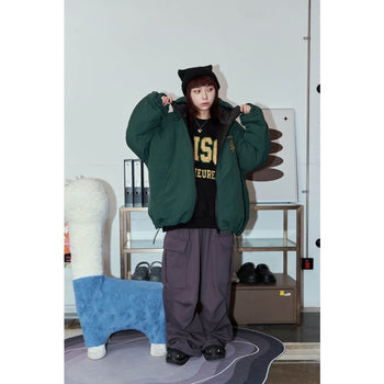 正韓質感鋪棉厚實刺繡連帽雙拉鍊寬鬆外套