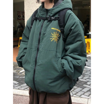 正韓質感鋪棉厚實刺繡連帽雙拉鍊寬鬆外套