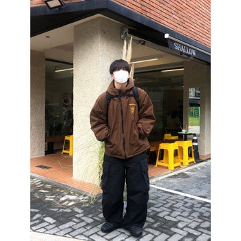 正韓質感鋪棉厚實刺繡連帽雙拉鍊寬鬆外套