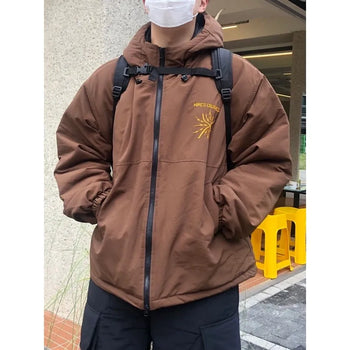 正韓質感鋪棉厚實刺繡連帽雙拉鍊寬鬆外套