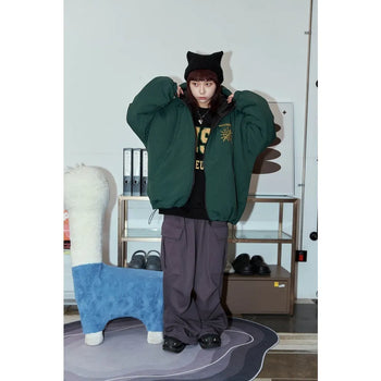 正韓質感鋪棉厚實刺繡連帽雙拉鍊寬鬆外套