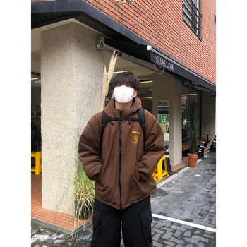 正韓質感鋪棉厚實刺繡連帽雙拉鍊寬鬆外套