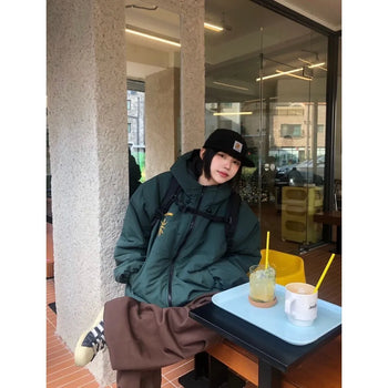 正韓質感鋪棉厚實刺繡連帽雙拉鍊寬鬆外套
