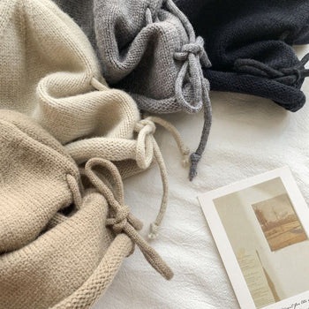 抽繩 套頭 卷邊 慵懶 針織 毛帽