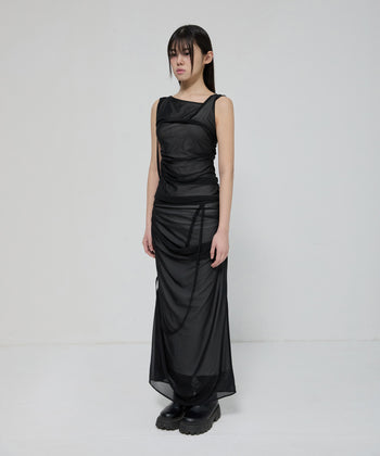 FLARE UP - Draped Mesh Layered Sleeveless  垂褶網紗層疊無袖上衣 T-F1095 (黑色)