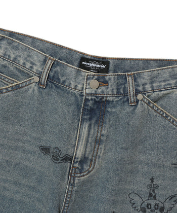NICEGHOSTCLUB -BIG WIDE BERMUDA DOODLE DENIM PANTS 塗鴉短褲 [藍色] P-N156