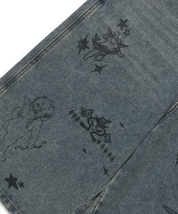 NICEGHOSTCLUB -BIG WIDE BERMUDA DOODLE DENIM PANTS 塗鴉短褲 [藍色] P-N156
