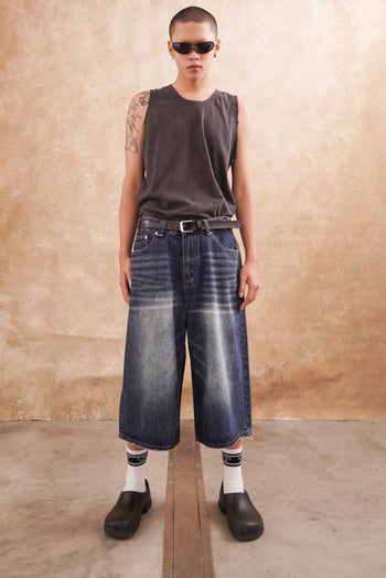 韓版 寬鬆 闊腿 做舊 復古 七分褲