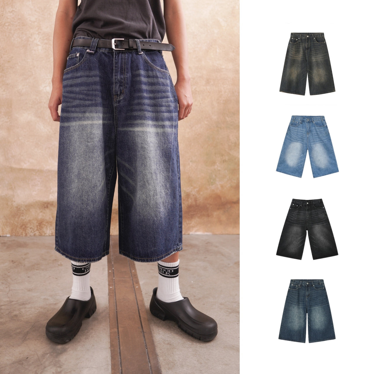 韓版 寬鬆 闊腿 做舊 復古 七分褲