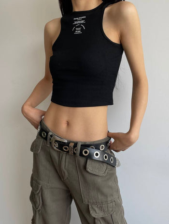 復古雕花頭Y2K黑色PU銀扣皮帶