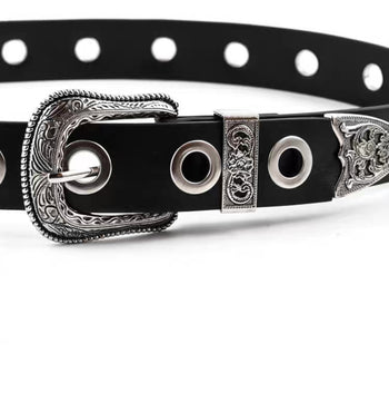 復古雕花頭Y2K黑色PU銀扣皮帶