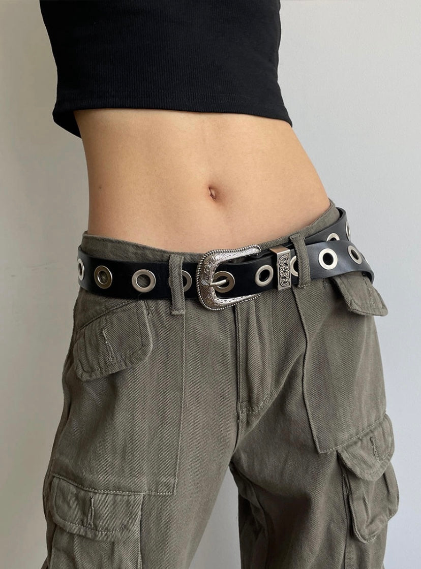 復古雕花頭Y2K黑色PU銀扣皮帶