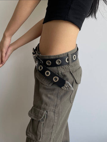 復古雕花頭Y2K黑色PU銀扣皮帶