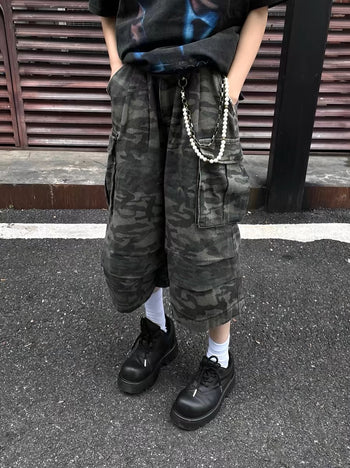 美式復古迷彩寬鬆工裝闊腿七分褲