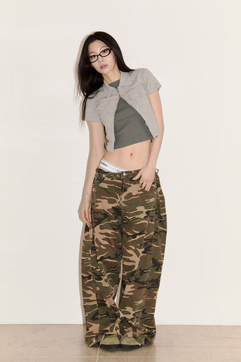 迷彩 防撕裂 側邊折疊 闊腿 長褲