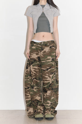 迷彩 防撕裂 側邊折疊 闊腿 長褲