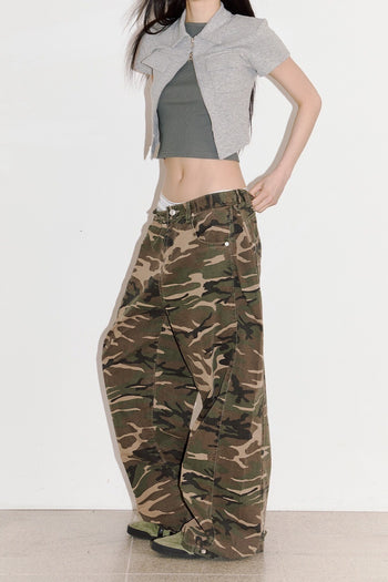 迷彩 防撕裂 側邊折疊 闊腿 長褲