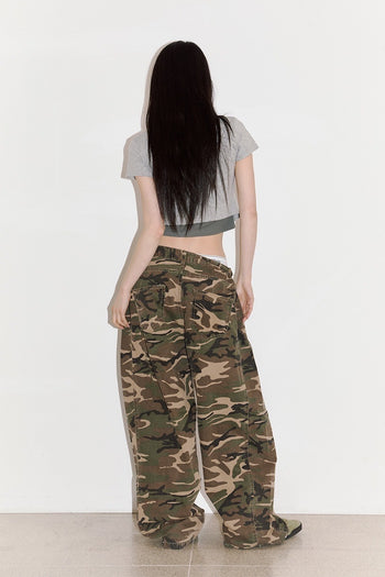 迷彩 防撕裂 側邊折疊 闊腿 長褲