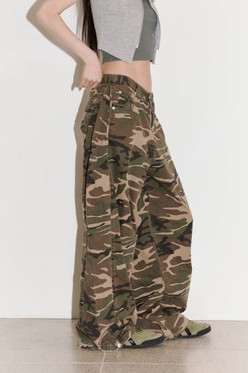 迷彩 防撕裂 側邊折疊 闊腿 長褲