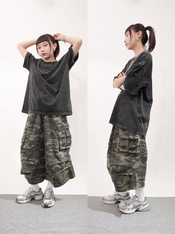 美式復古迷彩寬鬆工裝闊腿七分褲