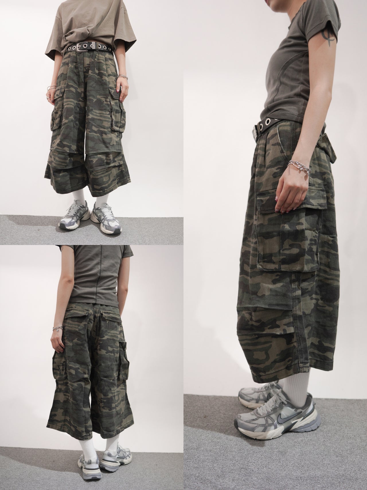美式復古迷彩寬鬆工裝闊腿七分褲