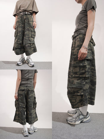 美式復古迷彩寬鬆工裝闊腿七分褲