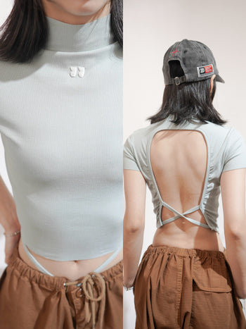 “MADE 𝗚𝘂𝗯𝗮𝗻 " 露背 運動 彈性 綁帶 顯瘦 腰身 辣妹 短袖上衣