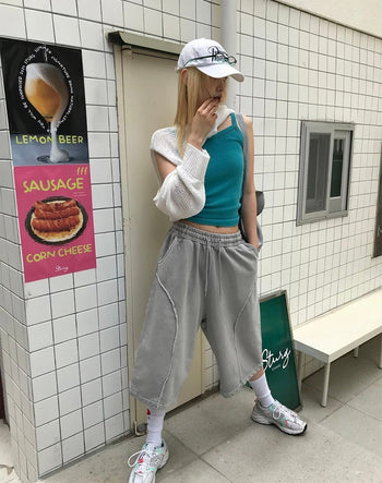 正韓 寬鬆 闊腿 鬆緊 設計 七分 短褲