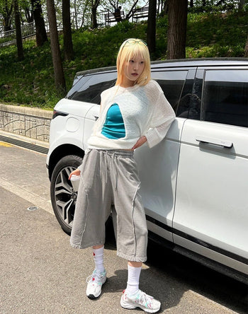 正韓 寬鬆 闊腿 鬆緊 設計 七分 短褲