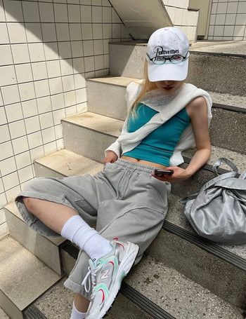 正韓 寬鬆 闊腿 鬆緊 設計 七分 短褲