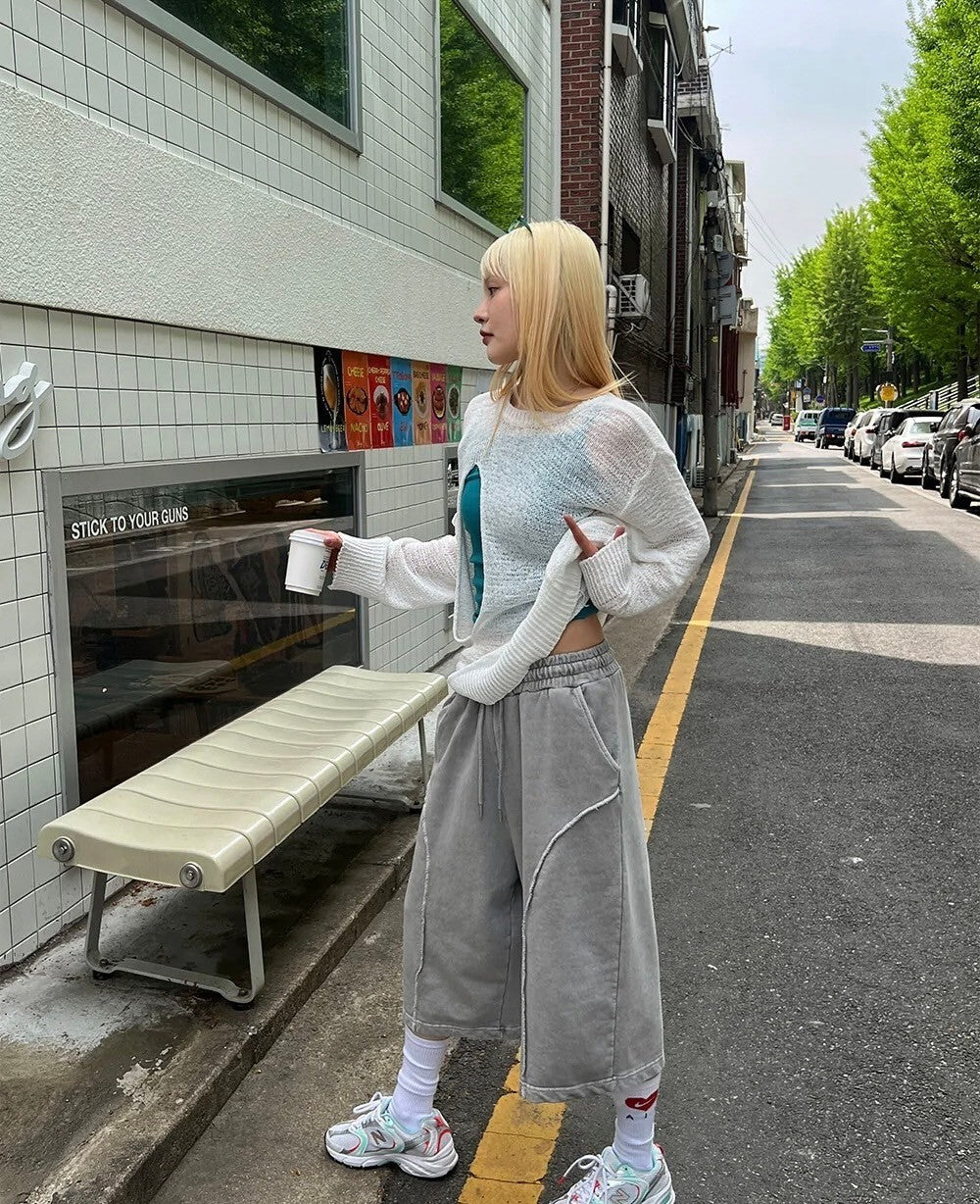 正韓 寬鬆 闊腿 鬆緊 設計 七分 短褲