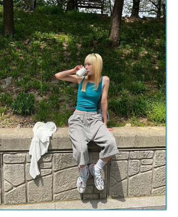 正韓 寬鬆 闊腿 鬆緊 設計 七分 短褲