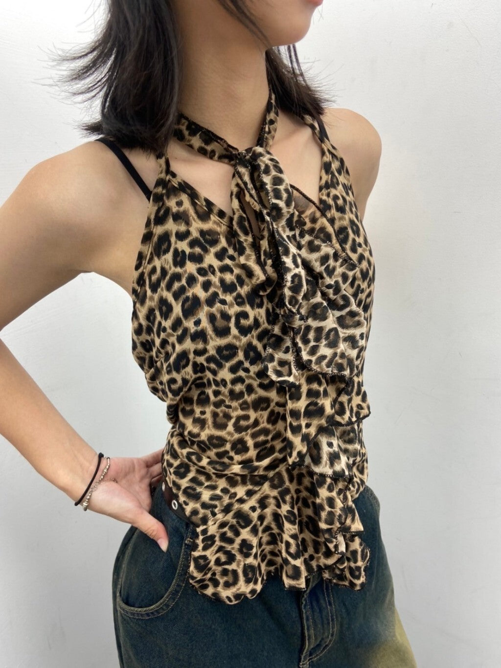 豹紋 吊帶 掛脖 夏季 內搭 歐美 無袖上衣