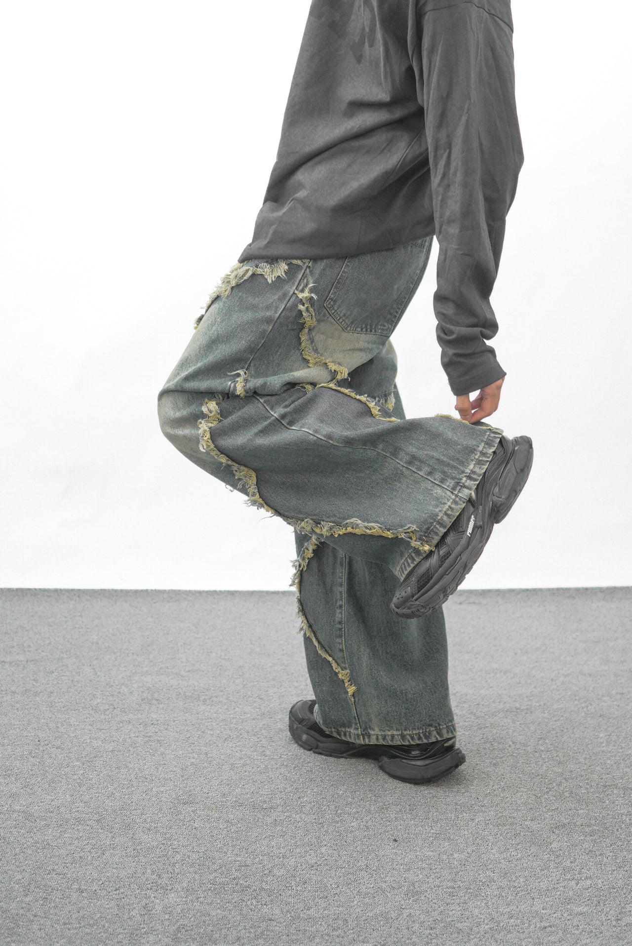 美式復古毛邊流蘇拼接闊腿牛仔褲