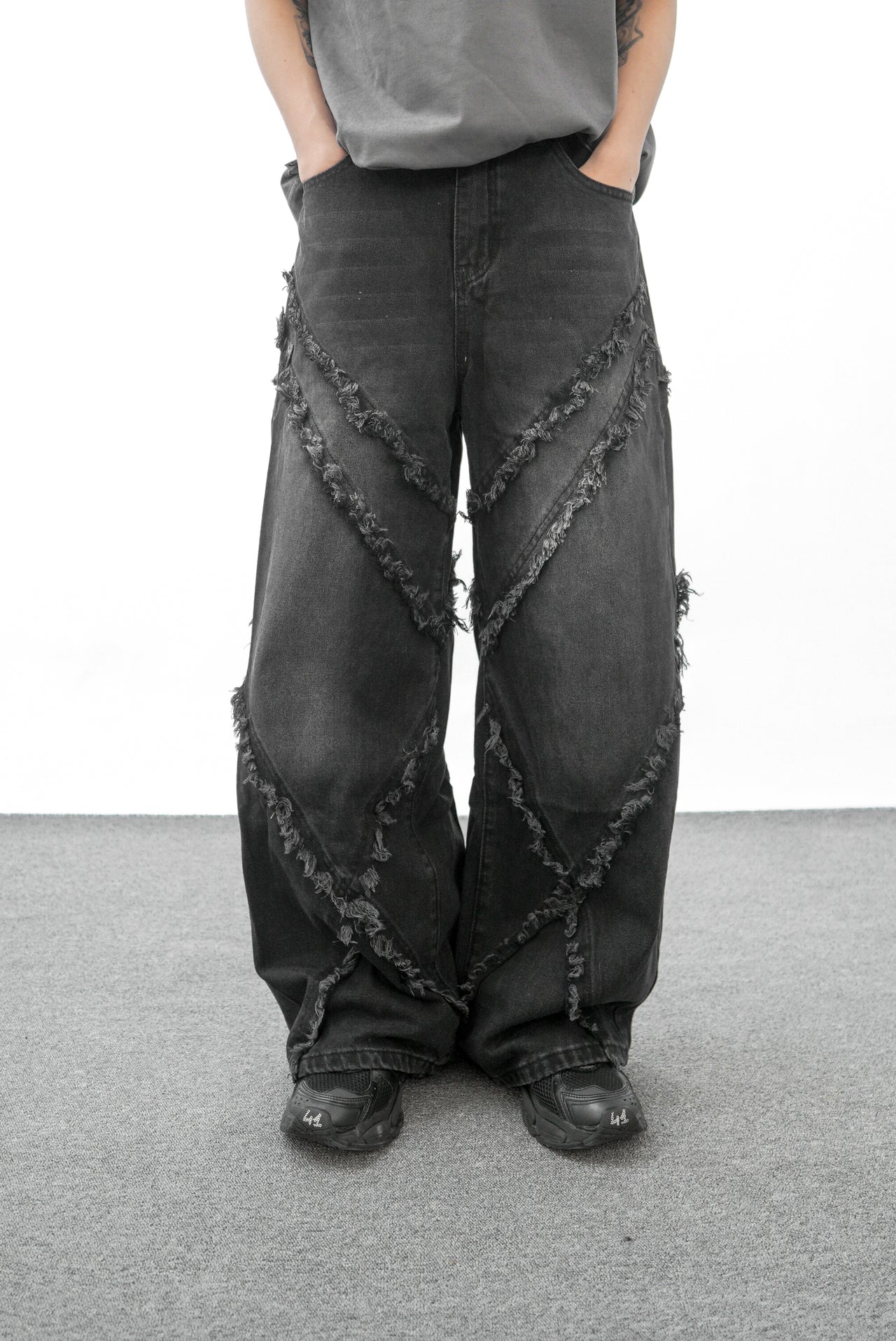 美式復古毛邊流蘇拼接闊腿牛仔褲