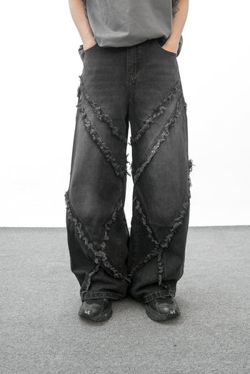 美式復古毛邊流蘇拼接闊腿牛仔褲