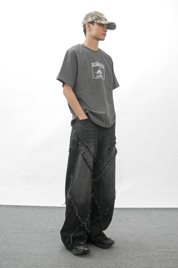 美式復古毛邊流蘇拼接闊腿牛仔褲