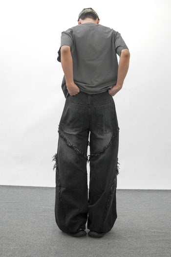 美式復古毛邊流蘇拼接闊腿牛仔褲