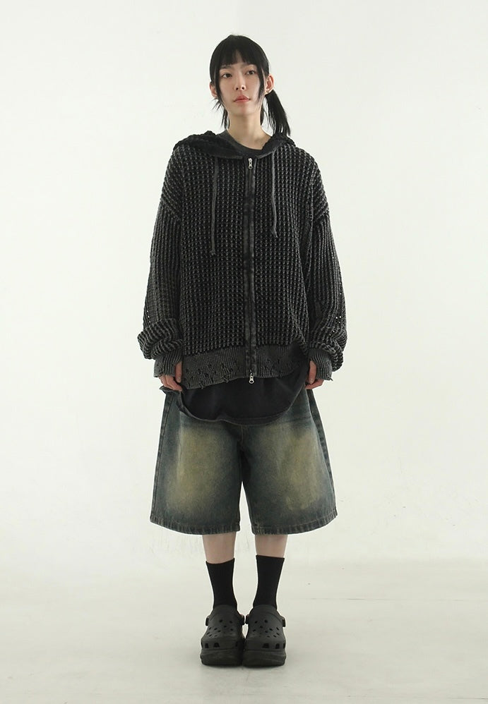 暖手 水洗 網狀針織 雙拉鍊 連帽長袖外套