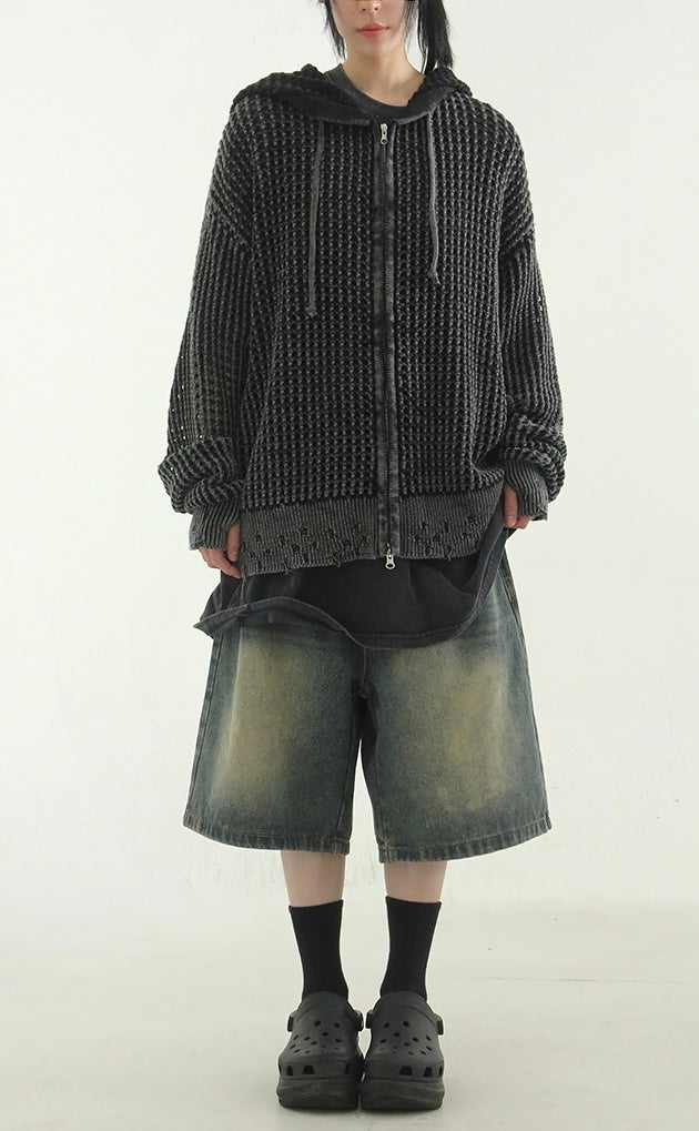 暖手 水洗 網狀針織 雙拉鍊 連帽長袖外套