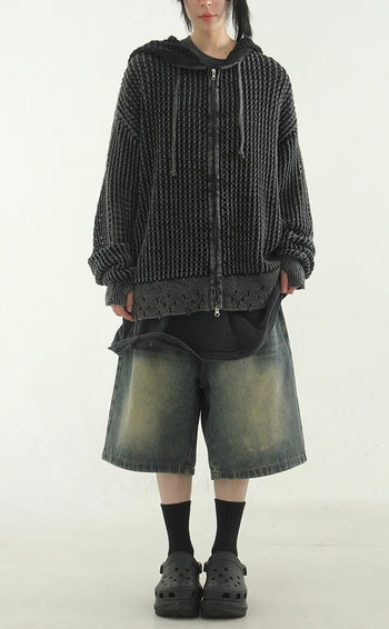 暖手 水洗 網狀針織 雙拉鍊 連帽長袖外套