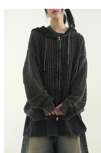 暖手 水洗 網狀針織 雙拉鍊 連帽長袖外套
