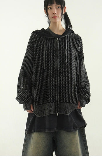 暖手 水洗 網狀針織 雙拉鍊 連帽長袖外套