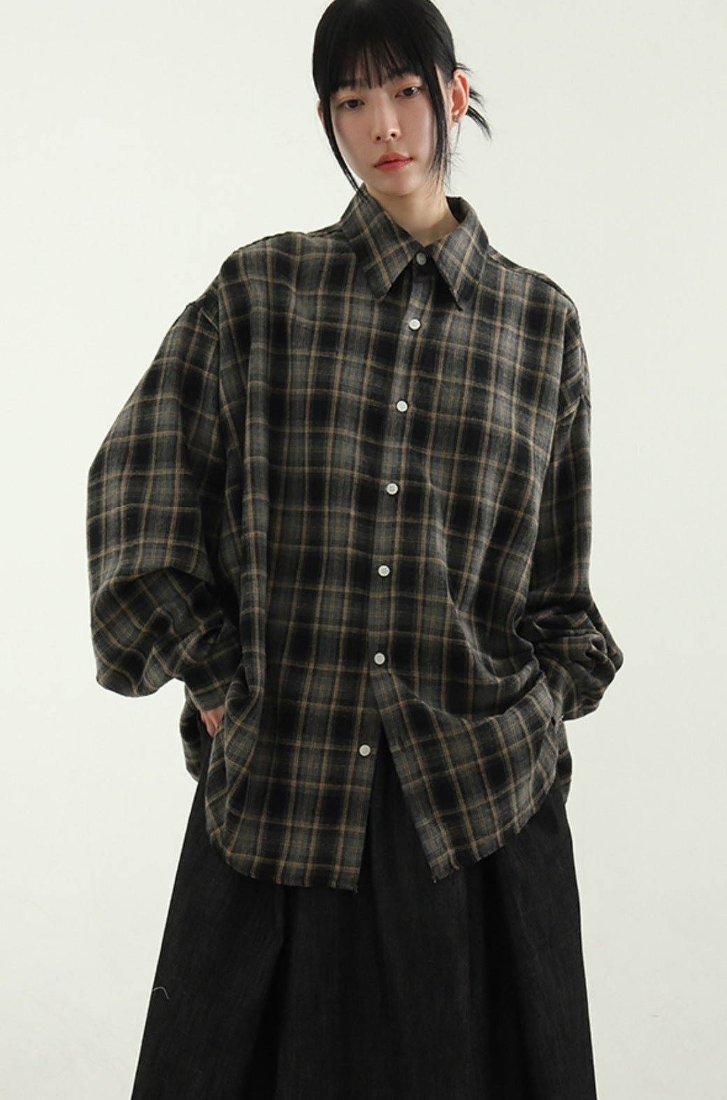 正韓 秋冬 翻領  格紋  長袖 襯衫